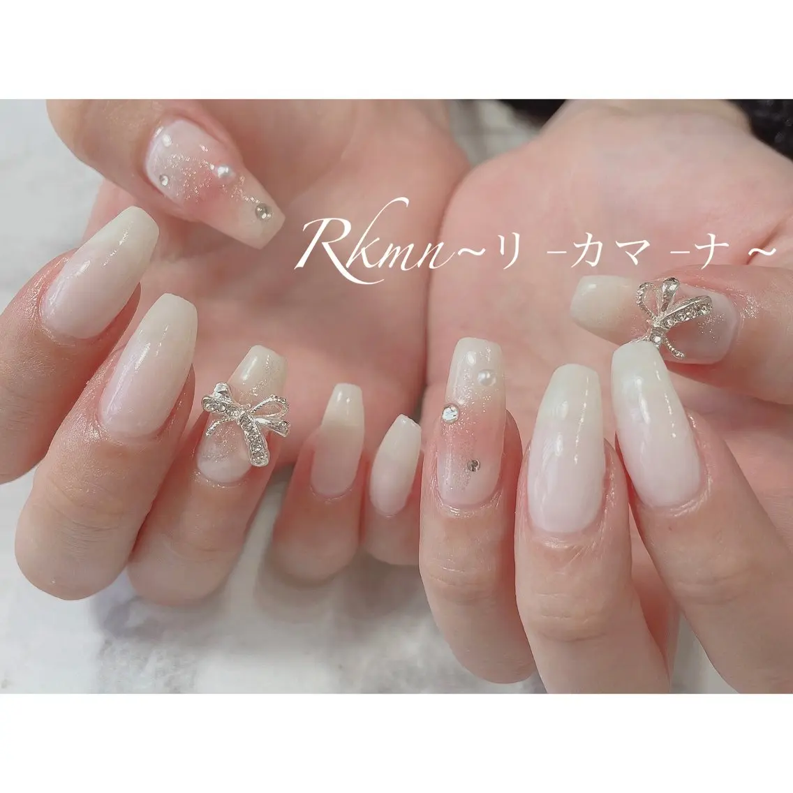 ネイル アートネイル チークネイル グラデーション リボン 春ネイル ハンドネイル フットネイル ハンドケア Rkmn ~リ-カマ-ナ~のネイルデザイン