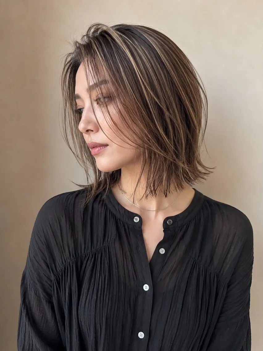 ミディアム カラー ハイライトカラー 顔まわりレイヤー 外国人風カラー ハイライト レイヤーカット カット ヘアカラー トリートメント 海外風レイヤーカット 👑店長　平松　由のヘアスタイル