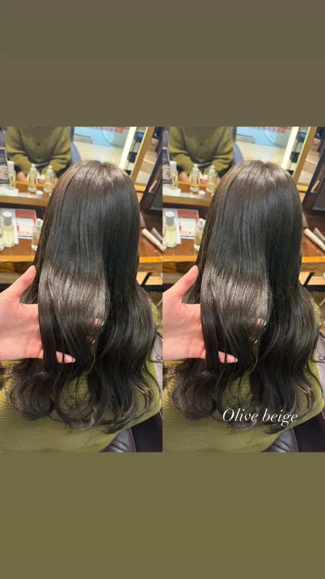 ロング カラー ベージュカラー オリーブベージュ カット ヘアカラー 暖色カラー/ ストレート/くるみのヘアスタイル