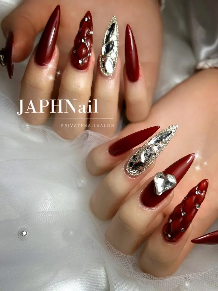 ネイル ボルドー ロングネイル バレンタイン 冬ネイル ハンドネイル NailSalon /JAPHのネイルデザイン