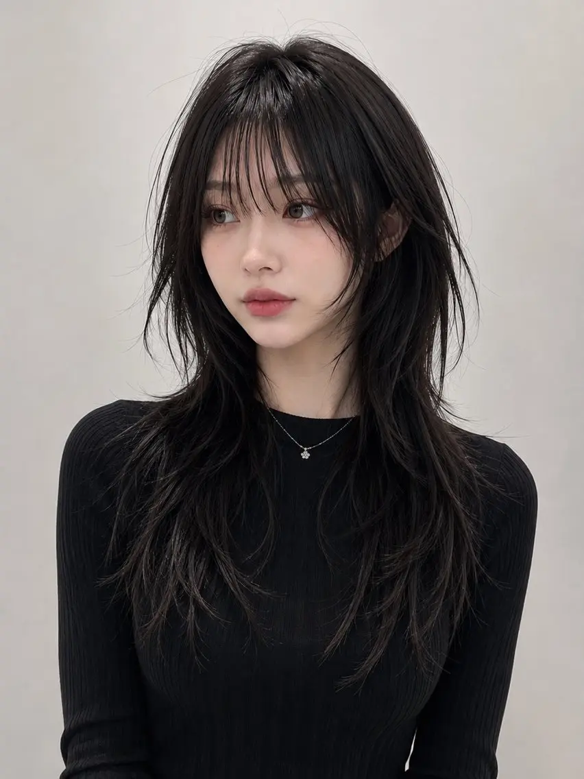 ロング ハッシュカット 韓国風ヘア カット ヘアカラー トリートメント rina韓国レイヤー ハッシュカットのヘアスタイル
