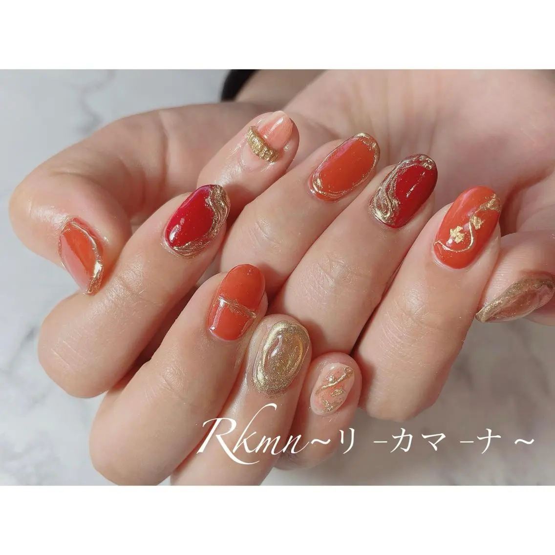 ネイル アートネイル ボルドー ミラーネイル オレンジ 春ネイル ハンドネイル フットネイル ハンドケア Rkmn ~リ-カマ-ナ~のネイルデザイン