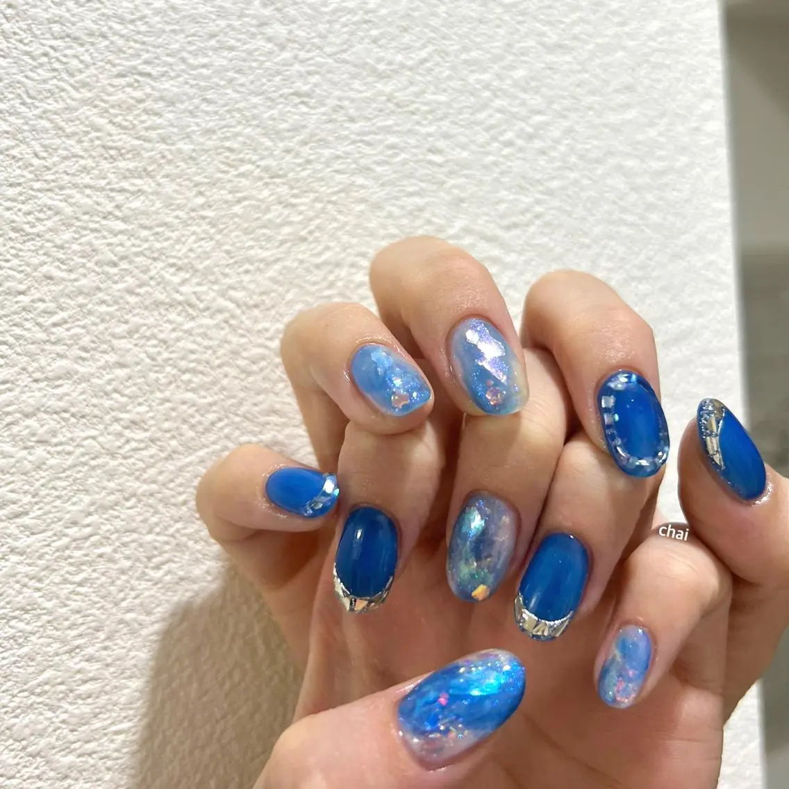 ネイル ブルー フレンチネイル ガラスフレンチ ニュアンスネイル ハンドネイル chai nail _ai📍鶴橋/桃谷のネイルデザイン