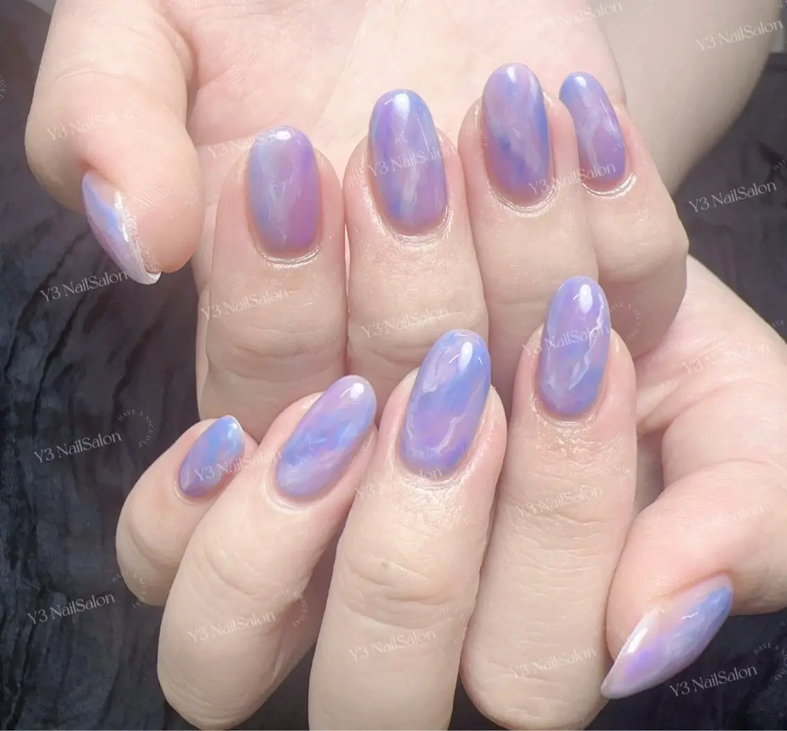 ネイル ブルー 大理石ネイル(マーブル) ニュアンスネイル オフィスネイル パープル ハンドネイル Y3 NailSalonのネイルデザイン
