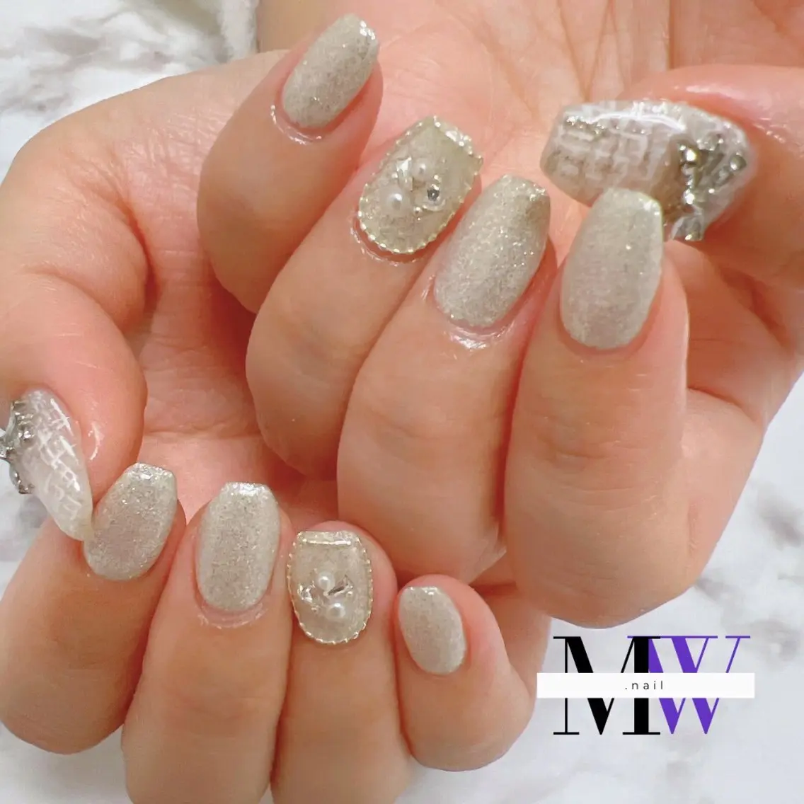 ネイル リボン ツイードネイル ハンドネイル MW .nailのネイルデザイン