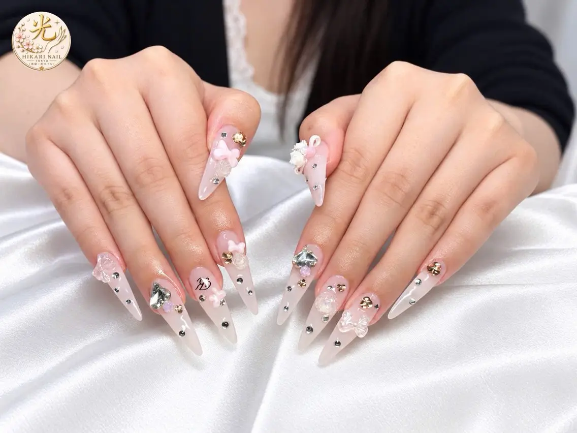 ネイル チークネイル 長さ出し フレンチネイル ガーリー ハート ハンドネイル HikariNail Ikebukuroのネイルデザイン