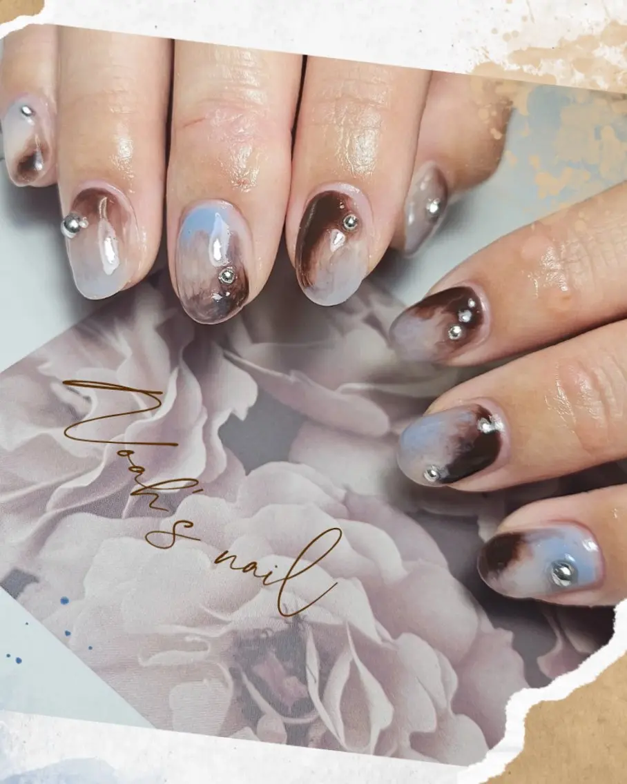 ネイル ブルー ブラウン ショートネイル ハンドネイル Noah'snail   のネイルデザイン