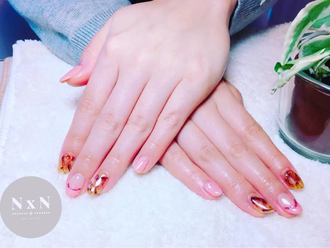 ネイル べっ甲ネイル 大理石ネイル(マーブル) ピンク ハンドネイル nail salon N×Nのネイルデザイン
