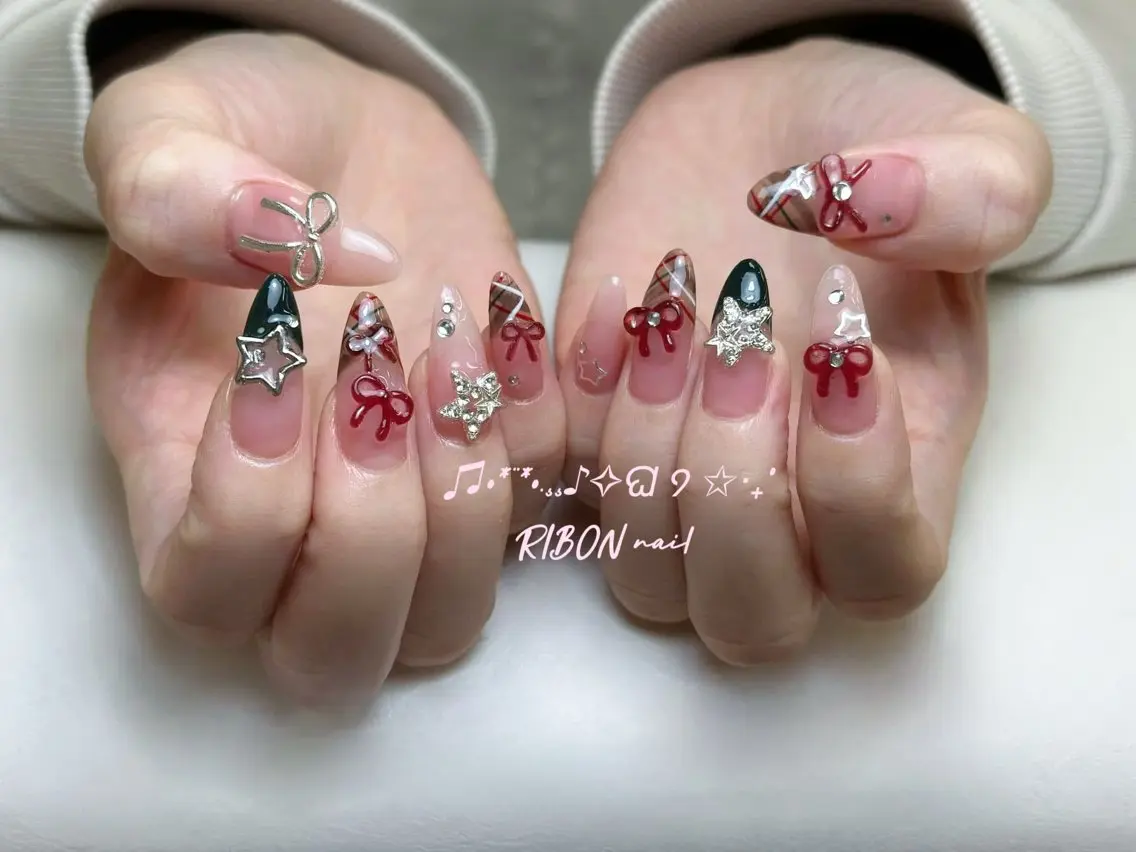 ネイル チークネイル 長さ出し フレンチネイル ジェルネイル グラデーション RIBON nail 高田馬場のネイルデザイン