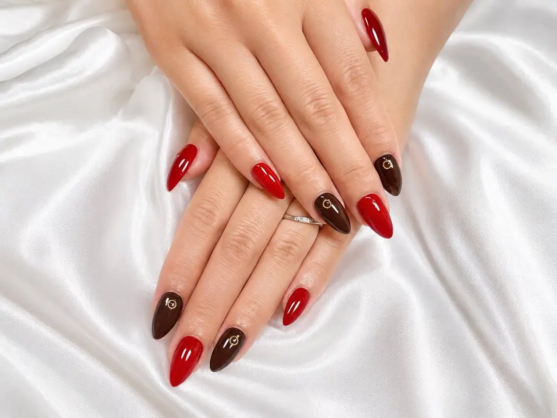 ネイル ボルドー ブラウン ゴールド ロングネイル 赤色 VI NAILのネイルデザイン