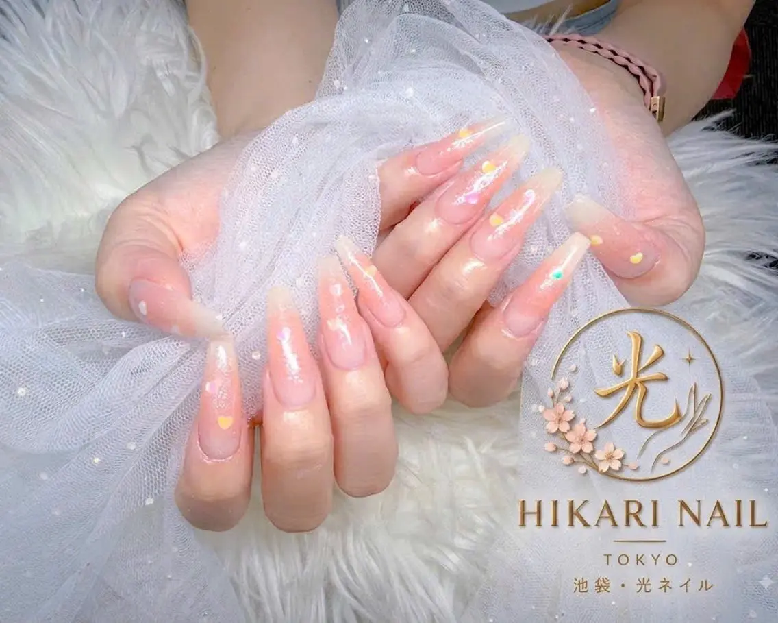 ネイル チークネイル 長さ出し フレンチネイル ガーリー ハート ハンドネイル HikariNail Ikebukuroのネイルデザイン
