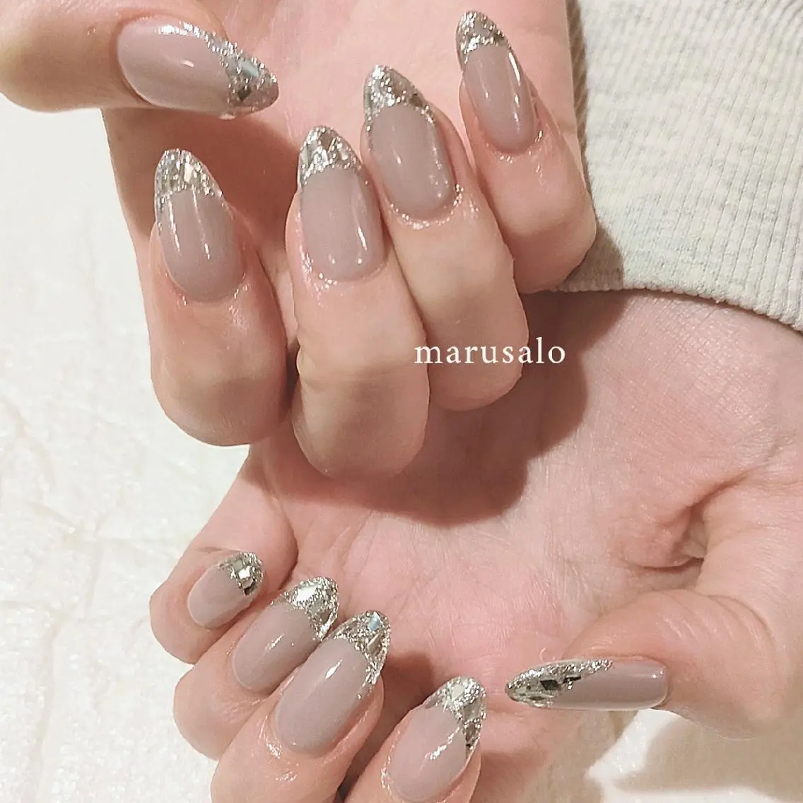 ネイル フレンチネイル ガラスフレンチ キラキラネイル バレンタイン 冬ネイル ハンドネイル marusalo nailのネイルデザイン