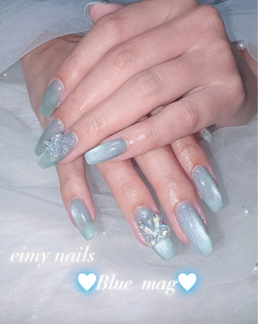 ネイル オーロラネイル ブルー マグネットネイル マグネットワンカラー ワンカラーネイル ハンドネイル eimy nails♡のネイルデザイン