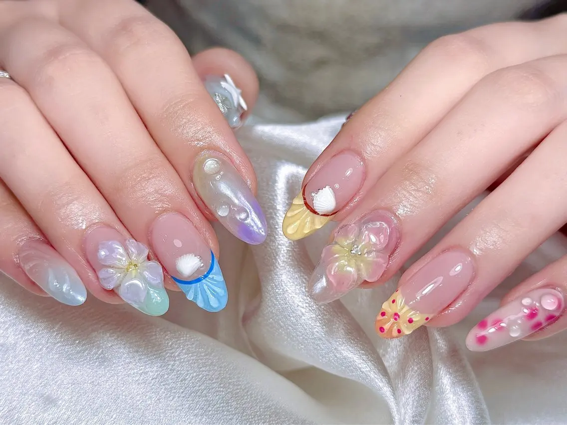 ネイル アートネイル 長さ出し ガーリー 韓国ネイル 持ち込み Rin Nail 新大久保店のネイルデザイン