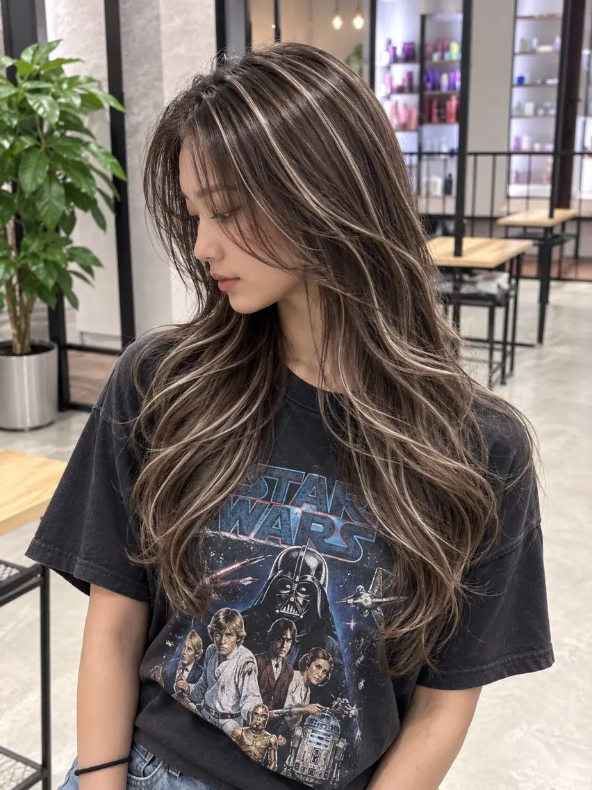 ロング 顔まわりレイヤー 外国人風カラー ハイライト レイヤーカット カット ヘアカラー トリートメント 海外風レイヤーカット 👑店長 平松 由のヘアスタイル