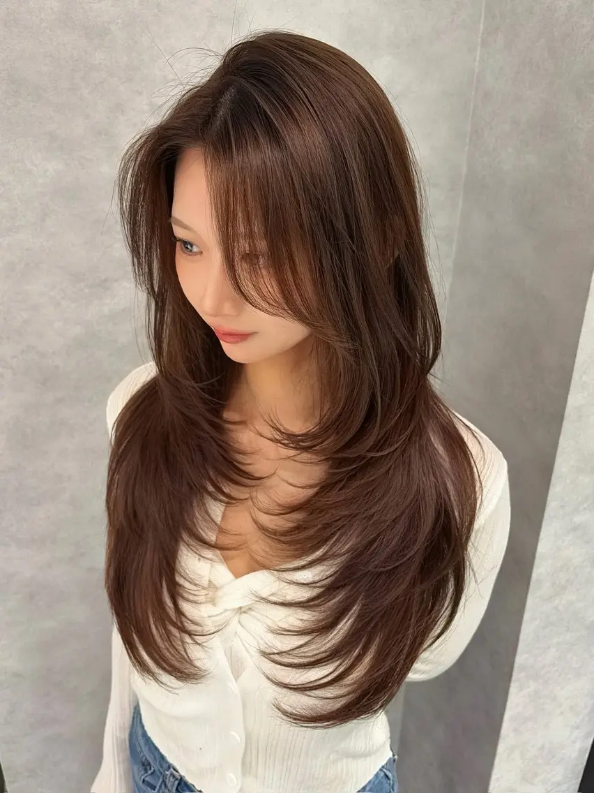 ロング カラー ブラウンカラー レイヤーカット カット ヘアカラー 💎KEN /レイヤー/韓国💎のヘアスタイル