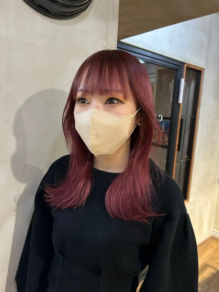 ミディアム カラー ブリーチ ピンクカラー レッドカラー きよまつ みさきのヘアスタイル