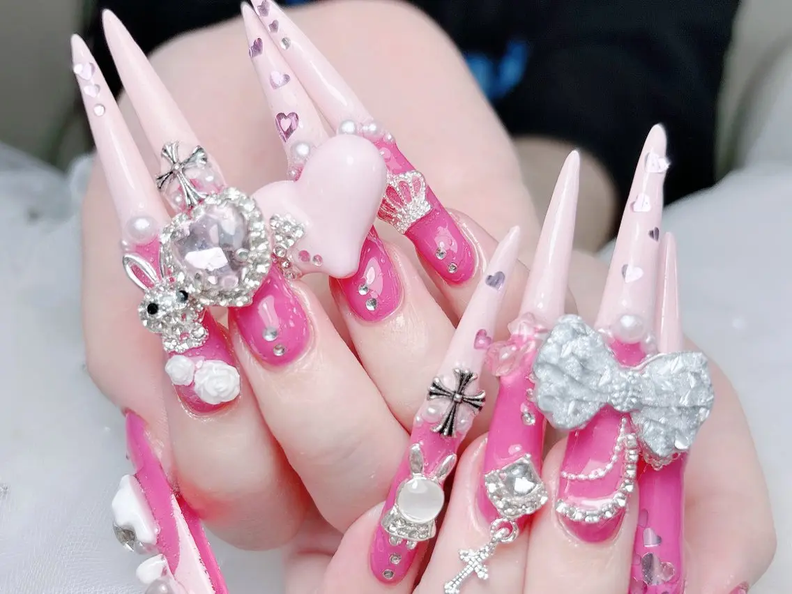 ネイル 成人式 ロングネイル マグネットネイル 大理石ネイル(マーブル) リボン ハンドネイル MoMoA Nail ネイル長さ出し専門店のネイルデザイン