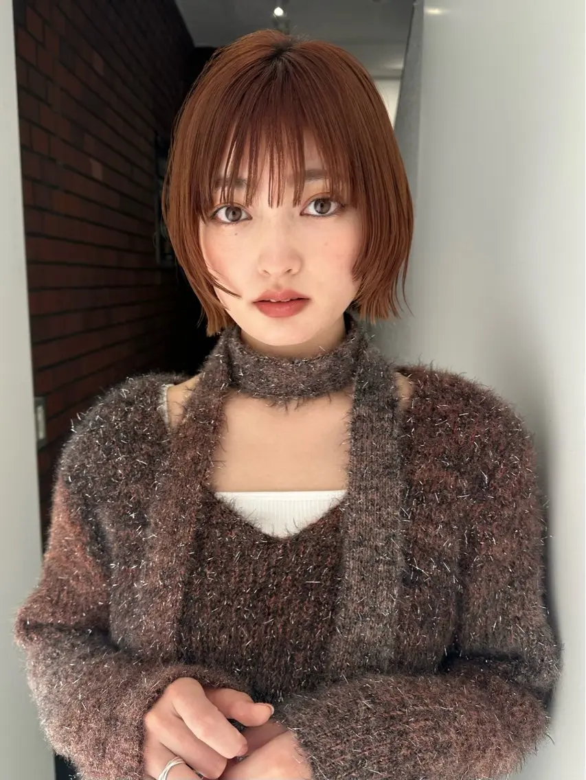 ショート カラー ブラウンカラー オレンジ オレンジブラウン ボブ 顔まわりレイヤー カット ヘアカラー 結莉/ボブ/ 縮毛矯正のヘアスタイル