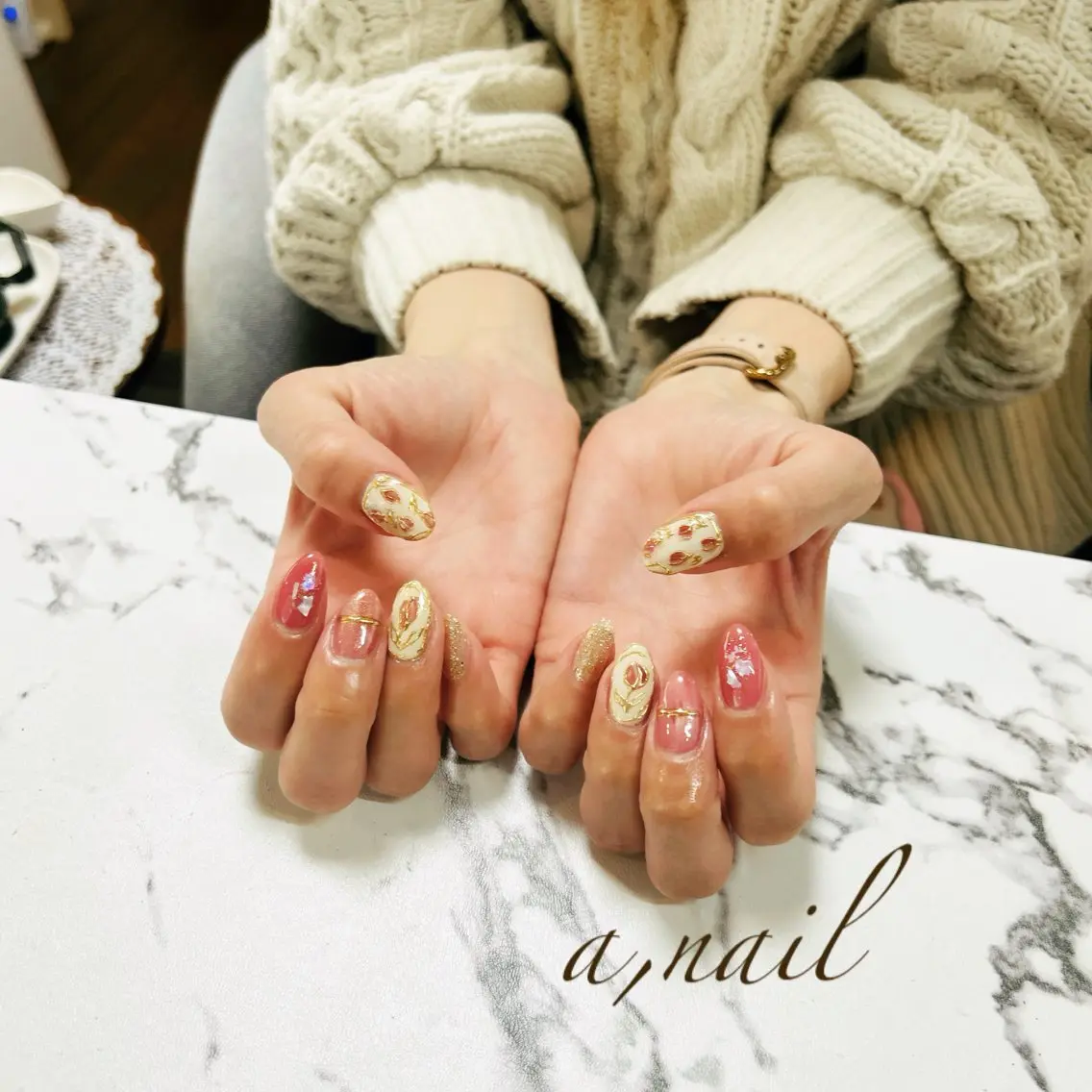ネイル フラワーネイル ミラーネイル ニュアンスネイル 春ネイル ハンドネイル ネイルサロン エーネイルのネイルデザイン