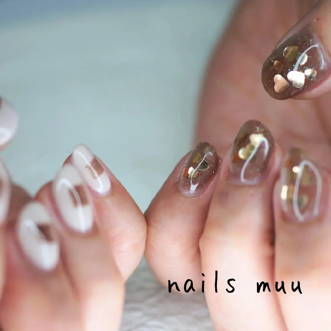 ネイル アートネイル ブラウン ジェルネイル ハート マグネットネイル nails muu まゆのネイルデザイン