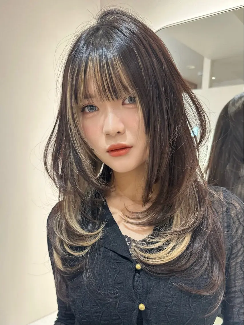 ロング ボブ 顔周りカット ハッシュカット ハイレイヤー レイヤーカット カット ヘアカラー 隼多/似合わせ レイヤー/オリーブのヘアスタイル