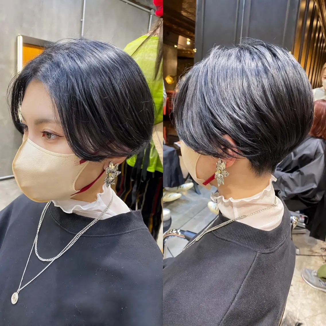 ショート カラー 黒髪 ブルーカラー ブルーブラック 透明感カラー カット ヘアカラー トリートメント 透明感カラー🌿 グレージュ🐺陽介のヘアスタイル