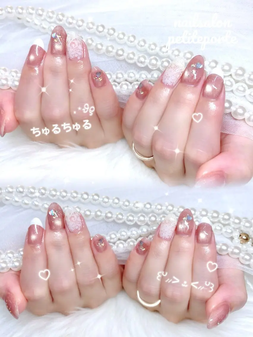ネイル ガーリー キラキラネイル レース ピンク ハンドネイル petite porteのネイルデザイン