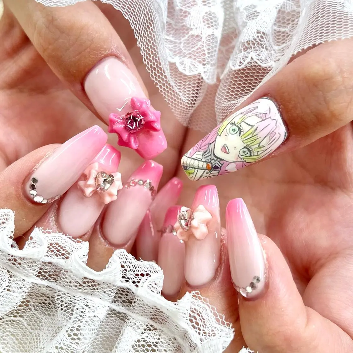 ロング ネイル リボン ハンドネイル 池袋痛ネイル Nok. 渡辺のネイルデザイン