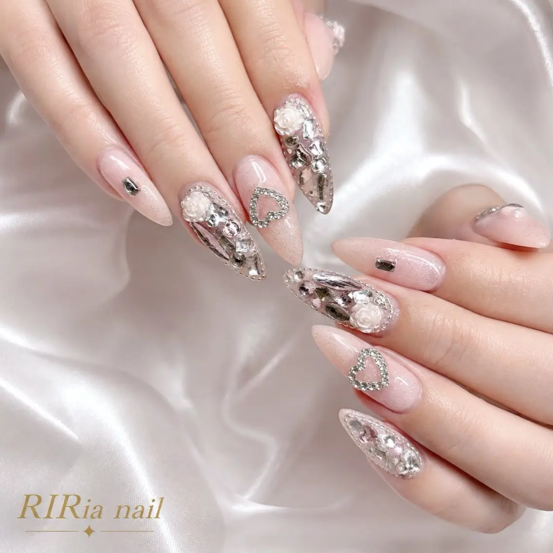 ネイル ハート ラメ(グリッター) ピンク ハンドネイル 🎀RIRia nail🎀のネイルデザイン