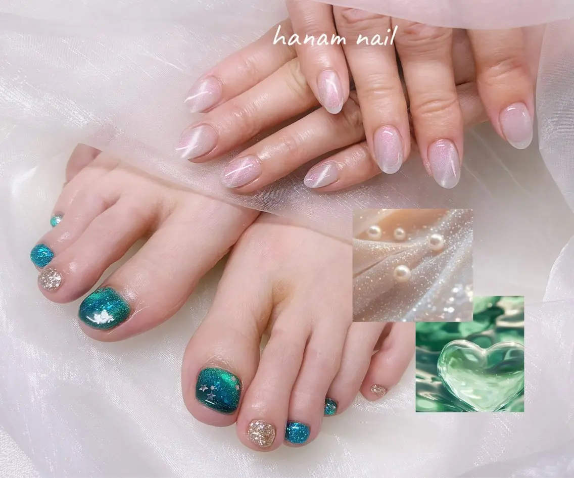 ネイル フットネイル hanam nail 🌿🩵ハナムネイルのネイルデザイン