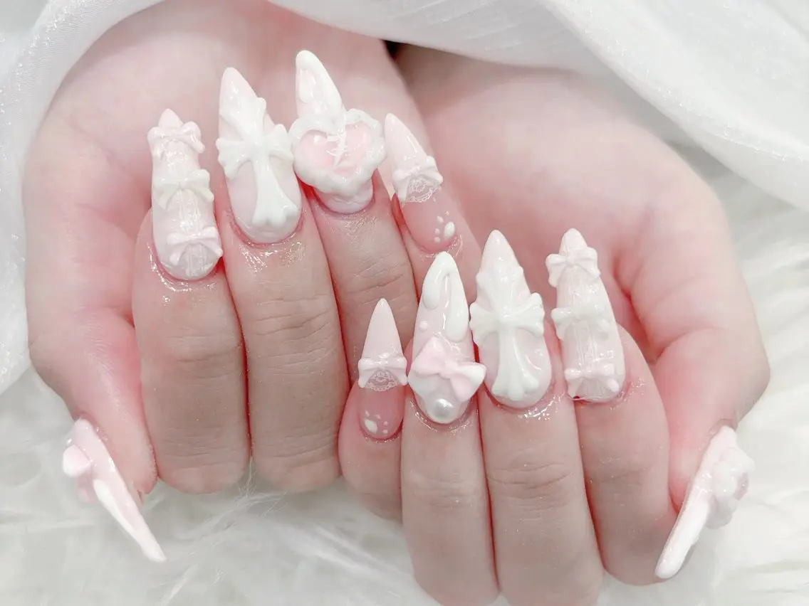ネイル 成人式 大理石ネイル(マーブル) リボン 夏ネイル ネイルチップ ハンドネイル MoMoA Nail ネイル長さ出し専門店のネイルデザイン
