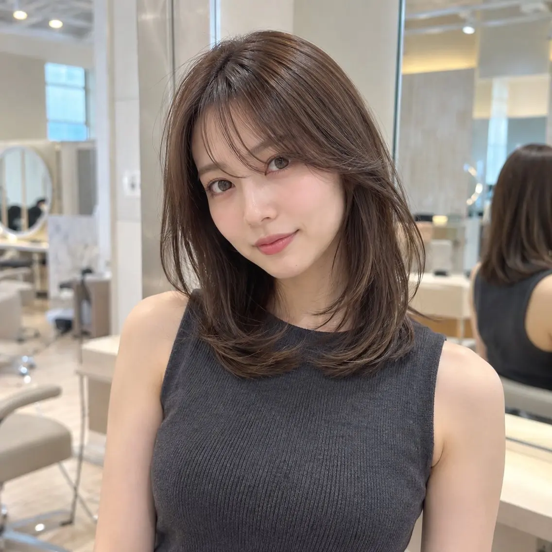 ミディアム カラー 顔まわりレイヤー 顔周りカット レイヤーカット 顔周りレイヤー/透明 感カラー/難波雄雅のヘアスタイル