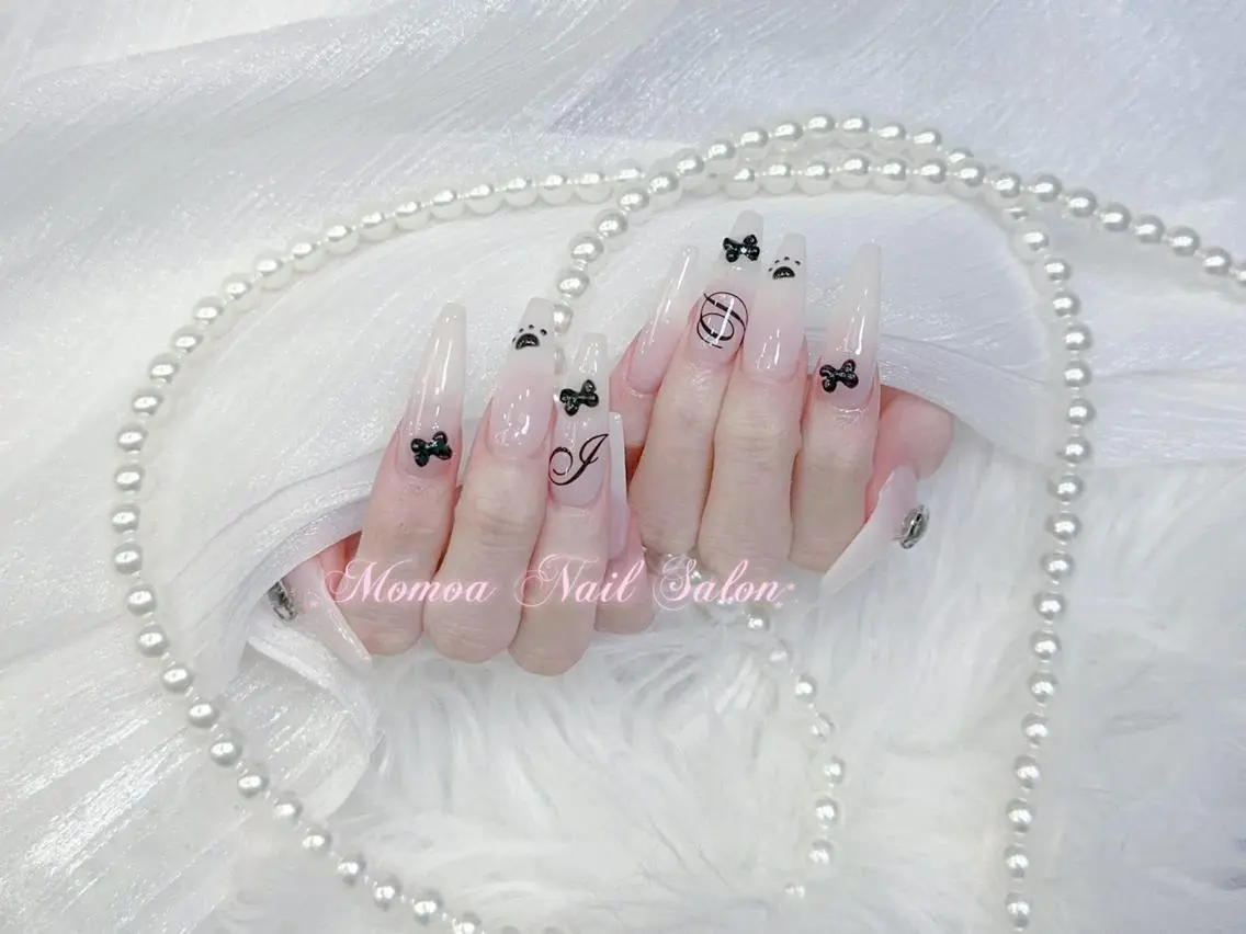 ネイル 成人式 大理石ネイル(マーブル) リボン 夏ネイル ネイルチップ ハンドネイル MoMoA Nail ネイル長さ出し専門店のネイルデザイン