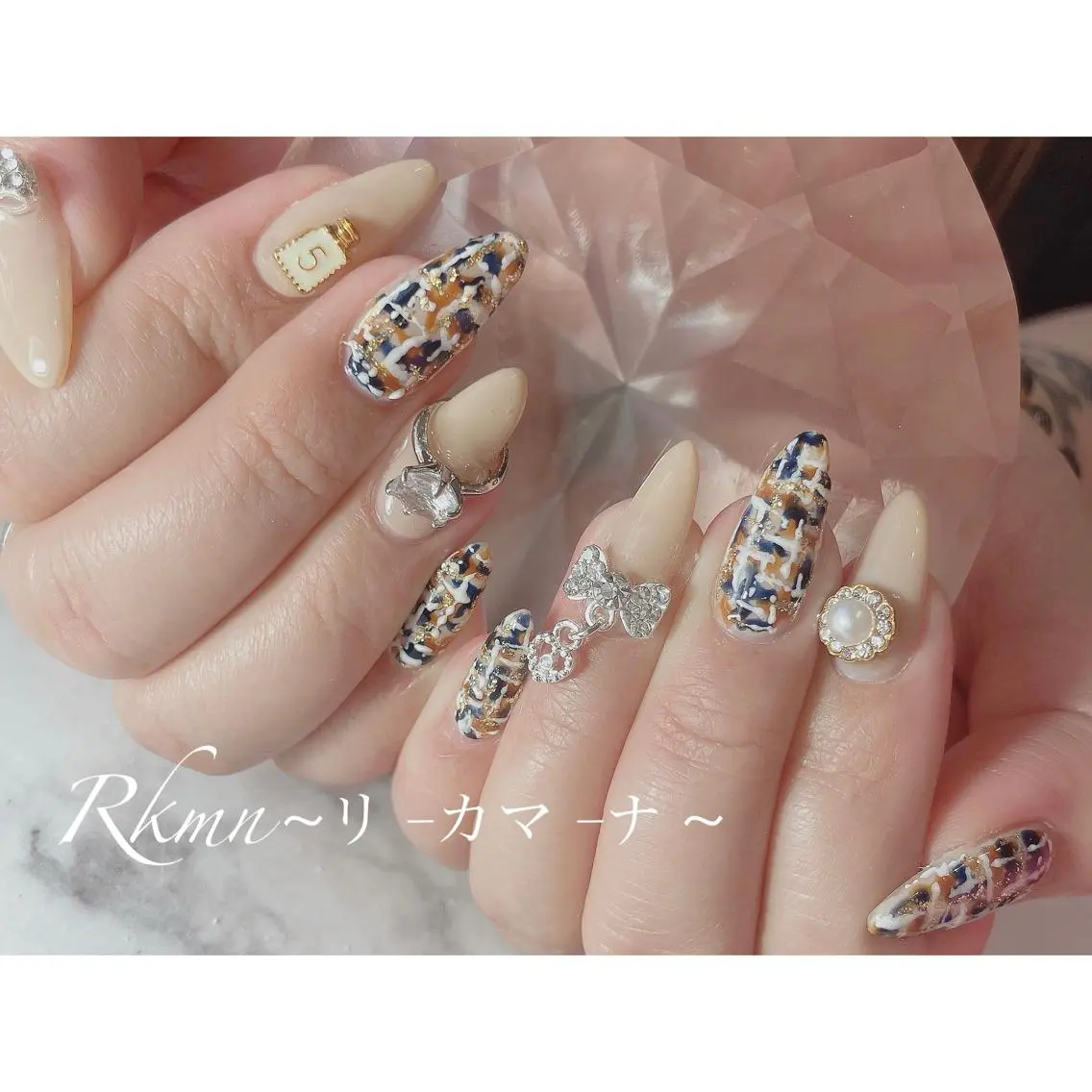 ネイル アートネイル リボン 春ネイル ツイードネイル ハンドネイル フットネイル ハンドケア Rkmn ~リ-カマ-ナ~のネイルデザイン