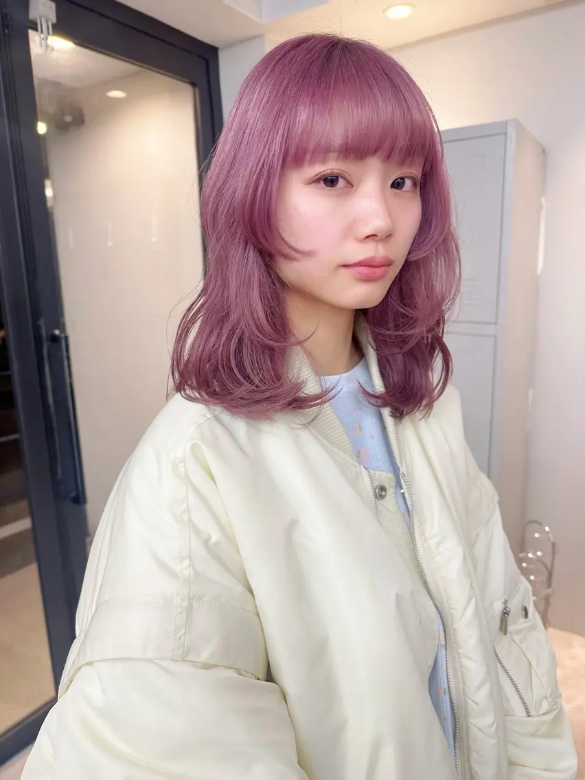 ミディアム カラー ヘアアレンジ ミディアムレイヤー ベージュカラー ラベンダーカラー ラベンダーベージュ ピンクカラー ヘアカラー トリートメント Flamme Annaのヘアスタイル