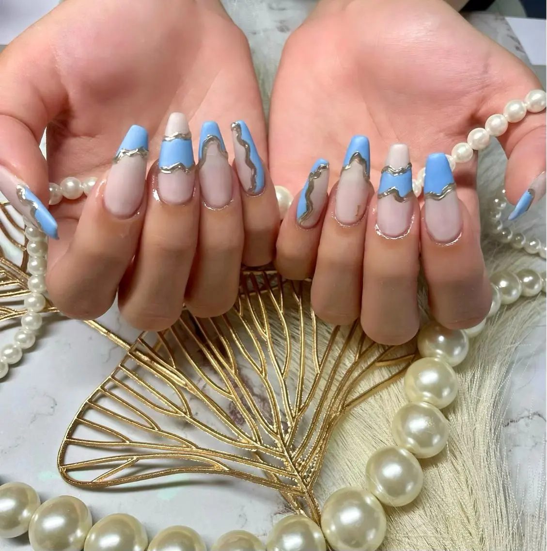 ネイル ブルー 大理石ネイル(マーブル) スカルプネイル 夏ネイル ネイルチップ ハンドネイル Nail salon 🎀Angeのネイルデザイン
