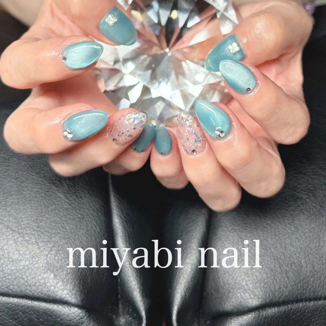 ネイル オーロラネイル ブルー ジェルネイル ホログラムネイル マグネットネイル ハンドネイル miyabi nail 桂川駅近くのネイルデザイン