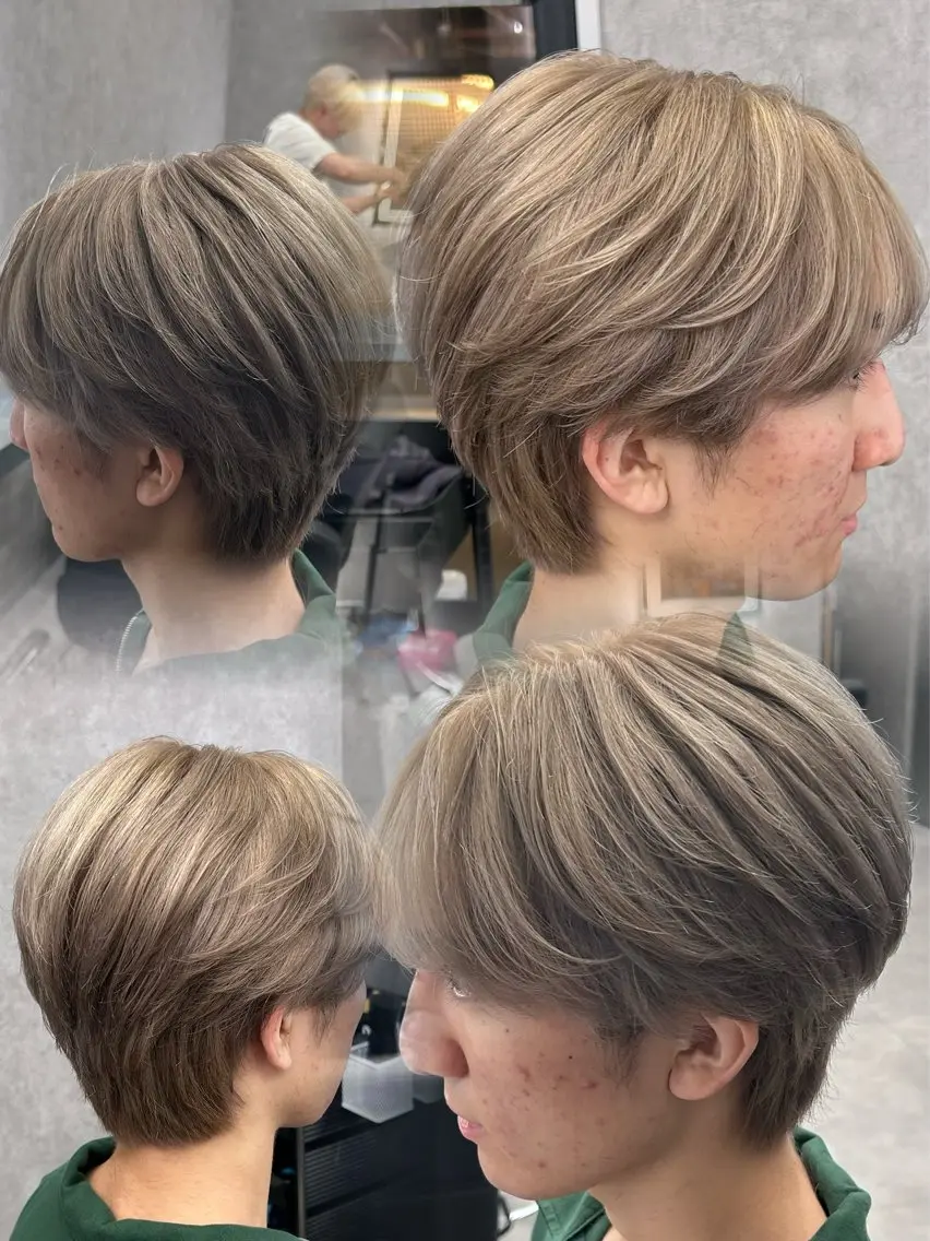 ショート カラー パーマ メンズ ベージュカラー ダブルカラー ミルクティーベージュ カット ヘアカラー メンズ特化 👑YUTAのヘアスタイル