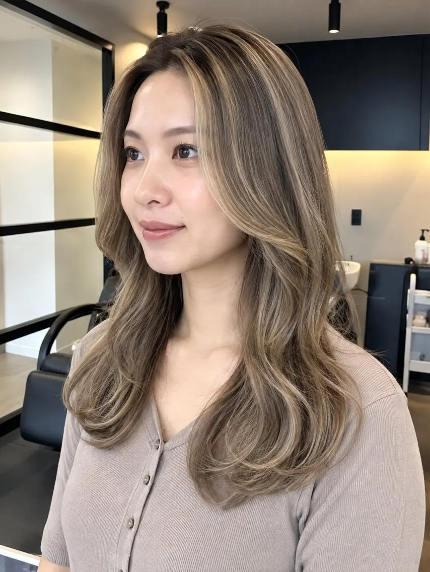 ロング ロングレイヤー シアーベージュ 韓国風ヘア レイヤーカット ロング 縮毛矯正| 髪質改善 |白髪悩みのヘアスタイル