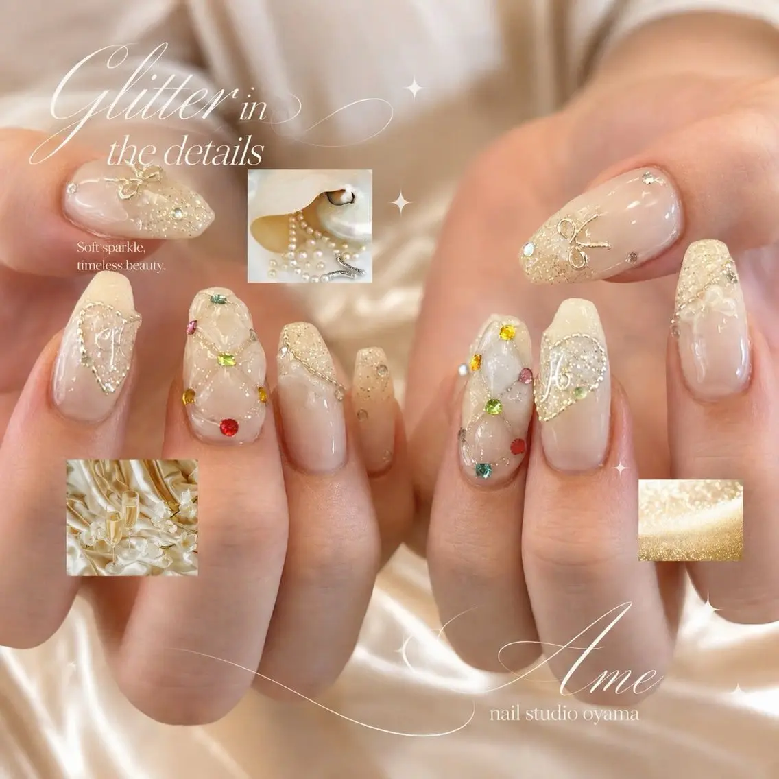 ネイル ハート ラメ(グリッター) リボン ストーンネイル ハンドネイル ハンドケア AME NAIL STUDIO小山店のネイルデザイン