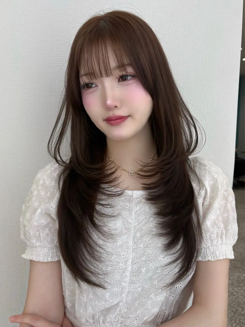 ロング チョコレートブラウン ハッシュカット ハイレイヤー 韓国風ヘア レイヤーカット カット トリートメント 透明感カラー Nau🎀のヘアスタイル