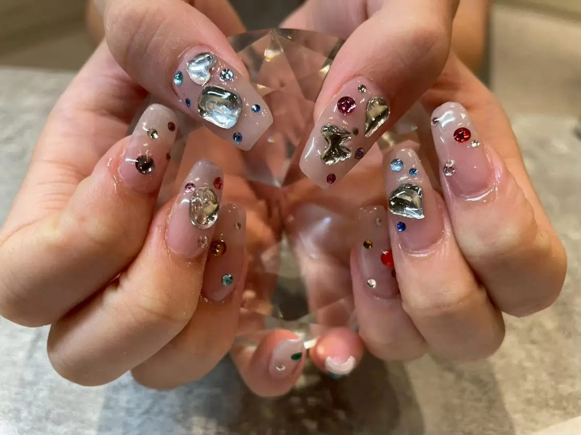 ネイル オーロラネイル ボルドー クリアネイル ドット フラッシュネイル ハンドネイル morimoto梅田 長さだし/持ち込みのネイルデザイン