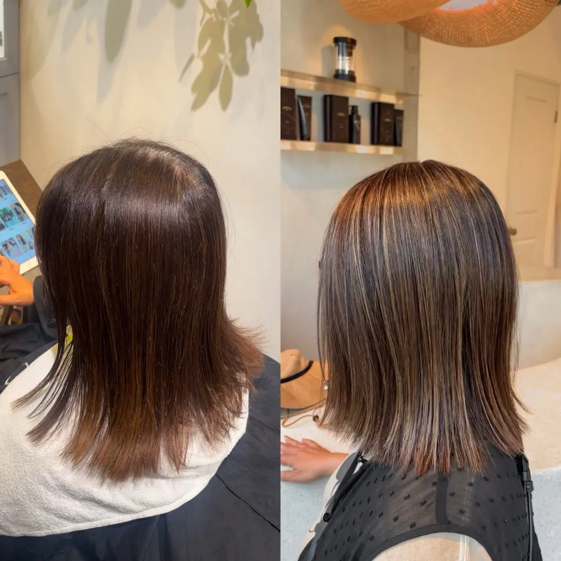セミロング ハイライト カット ヘアカラー トリートメント 早稲田 千尋のヘアスタイル