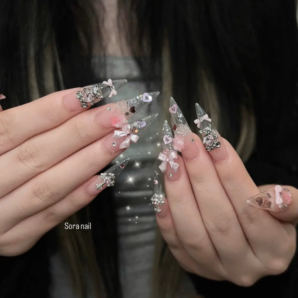 ネイル ガーリー ハート 韓国ネイル ニュアンスネイル リボン ハンドネイル Sora nail 長さ出し専門店のネイルデザイン