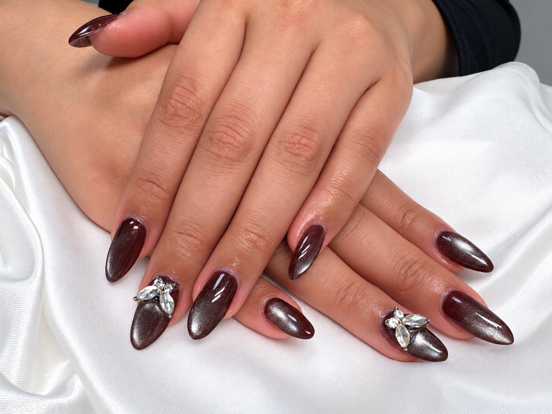 ネイル ボルドー ブラウン マグネットネイル シルバー VI NAILのネイルデザイン