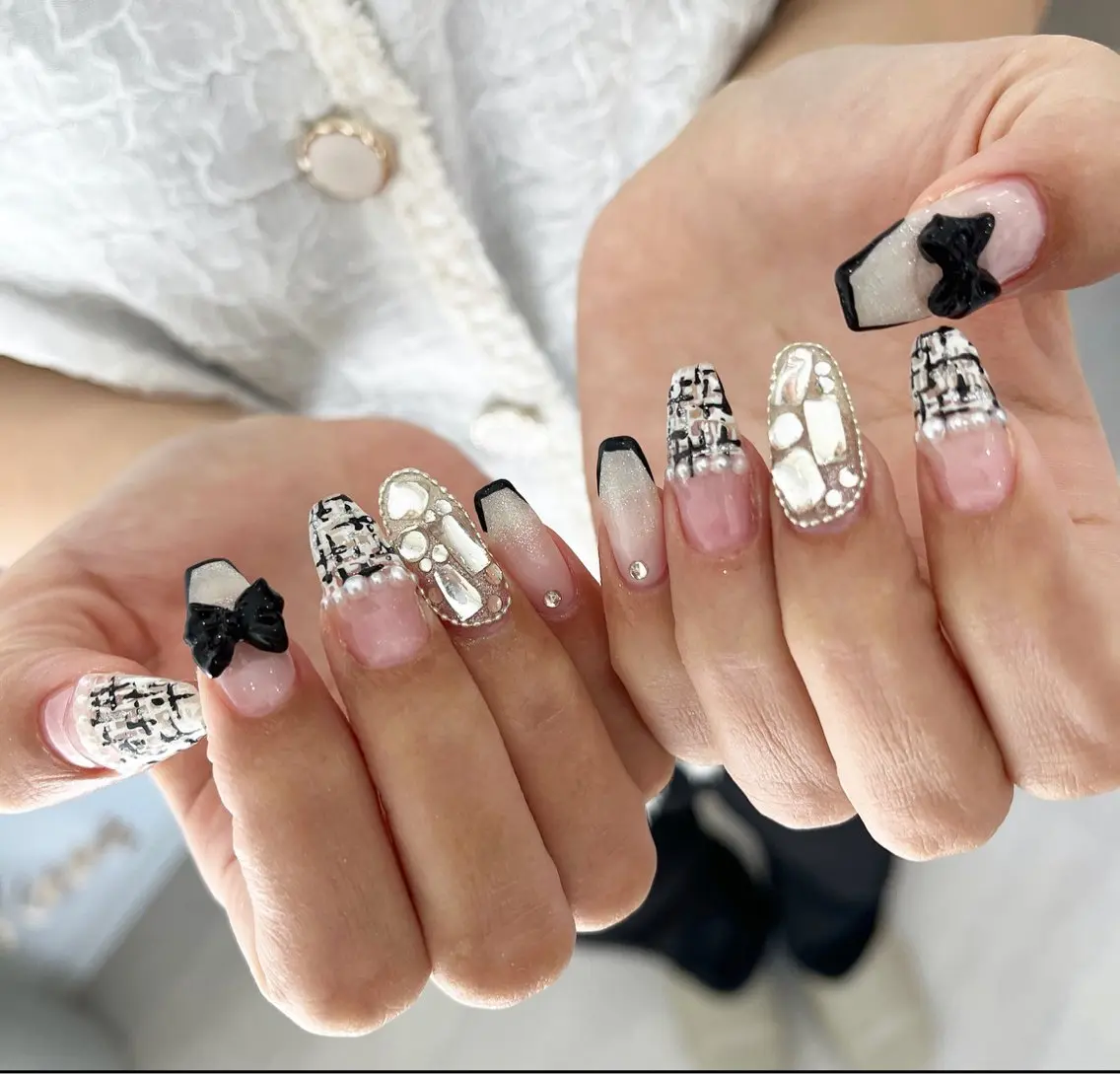 ネイル リボン ツイードネイル #Amin nail salonのネイルデザイン