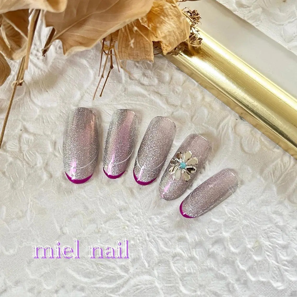 ネイル フレンチネイル マグネットネイル ミラーネイル ピンク 夏ネイル ハンドネイル miel nailのネイルデザイン