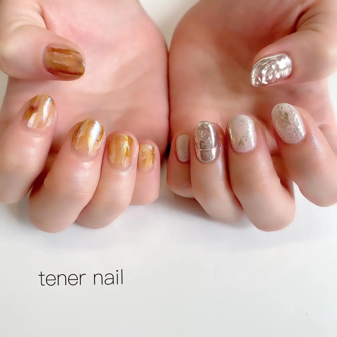 ネイル べっ甲ネイル ミラーネイル シルバー テネルネイル tener nailのネイルデザイン