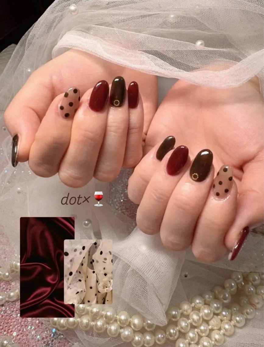 ネイル ボルドー ドット 持ち込み ハンドネイル SAORI NAIL /長さ出し　スカルプのネイルデザイン